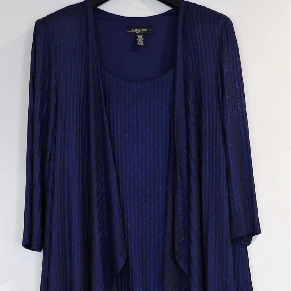 R&M RICHARDS SHIMMERY DARK BLUE KNIT DRESS WITH ATTACHED DUSTER 18W